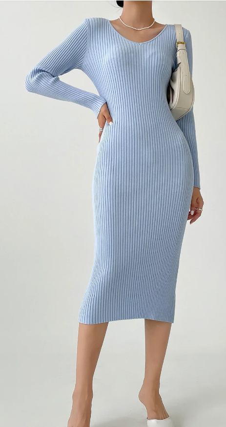 DAZY Kpop V Neck Ribbed Knit Sweater Dress