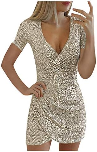 Women's Sequin Mini Dress,Sexy Sequin Glitter Deep V Neck Ruched Shorts Sleeve Mini Party Clubwear Bodycon Dress