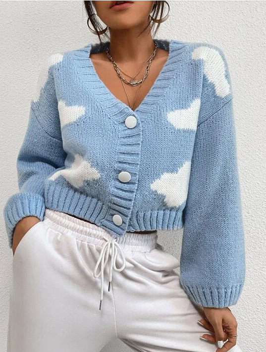 SOLY HUX Women's Button Down V Neck Long Sleeve Cloud Open Front Knit Cardigan Sweater