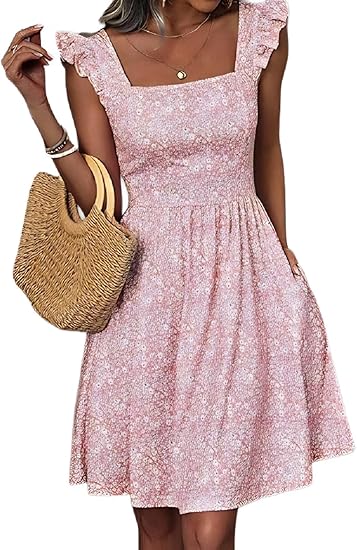 Women's Summer Dresses Casual Square Neck Floral Sundress with Pockets A Line Flowy Beach Dress