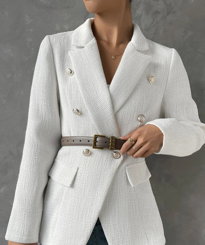 Fall Blazers for Women Business Casual White Elegant Double Breasted Detail Blazer Long Sleeve Blazer