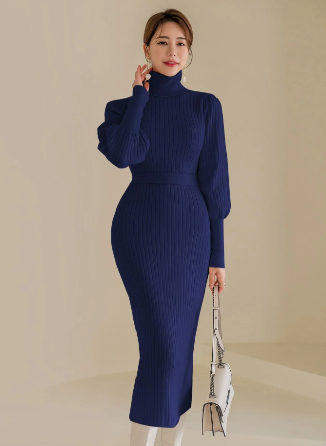 Modely Turtle Neck Gigot Sleeve Belted Sweater Dress