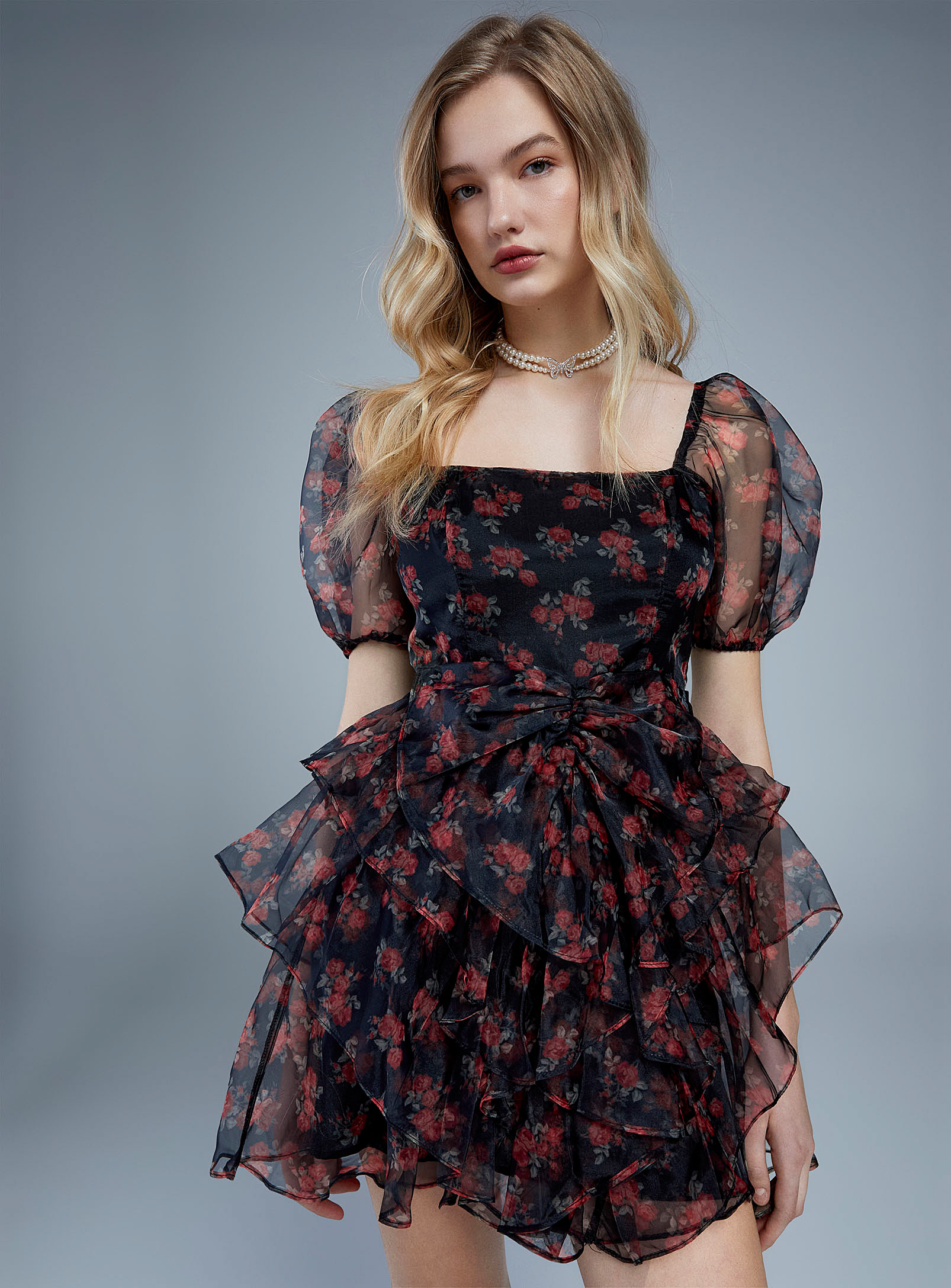 Roses print organza dress