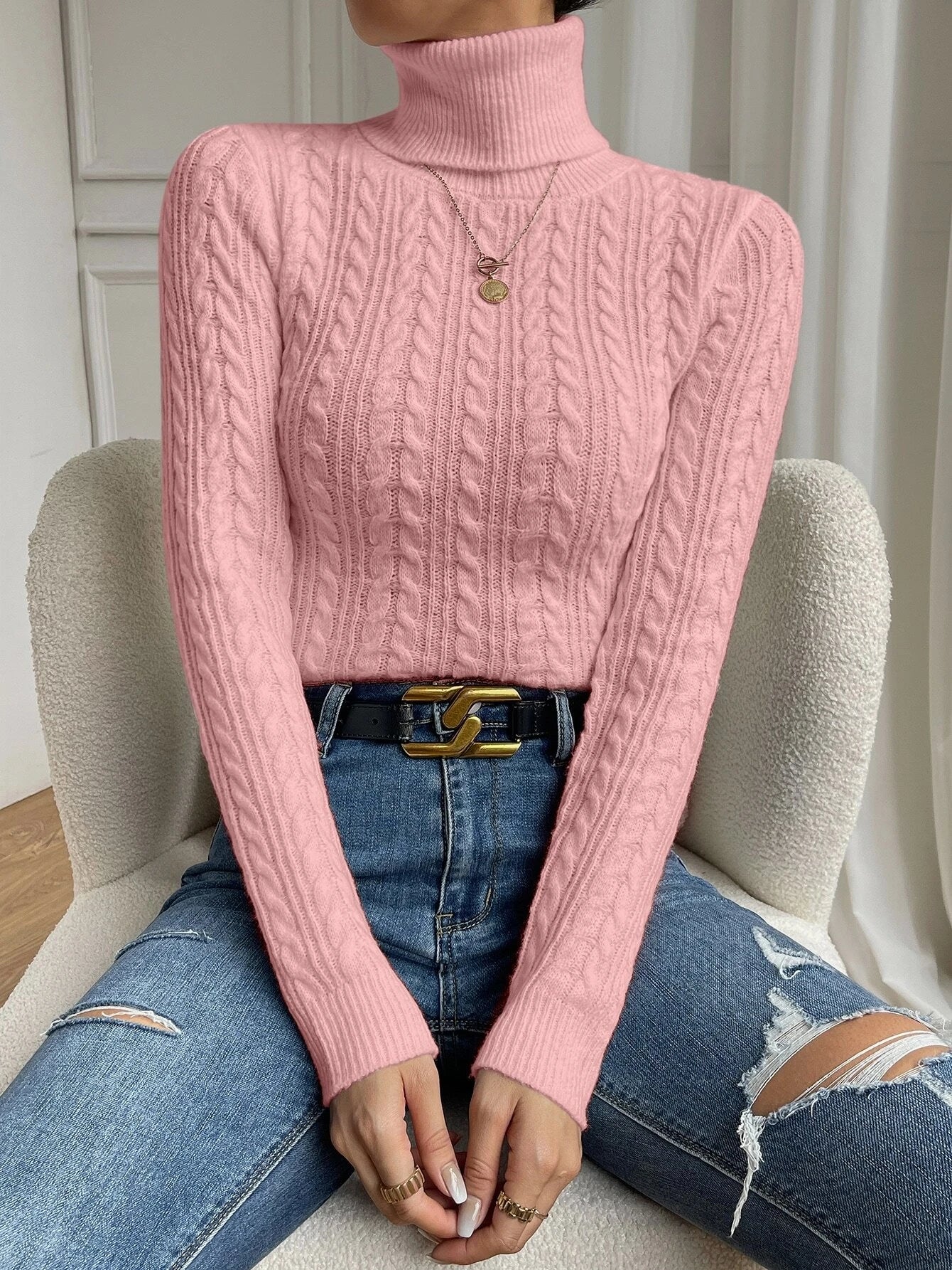 Frenchy Cable Knit Turtleneck Sweater