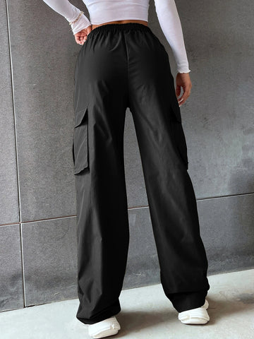 EZwear Solid High Waist Flap Pocket Cargo Pants