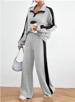 Relaxiva Color Block Casual 2pcs/Set Side Stripe, Extra-Long Sleeve Loose Grey Drop Shoulder Blouse And Pants