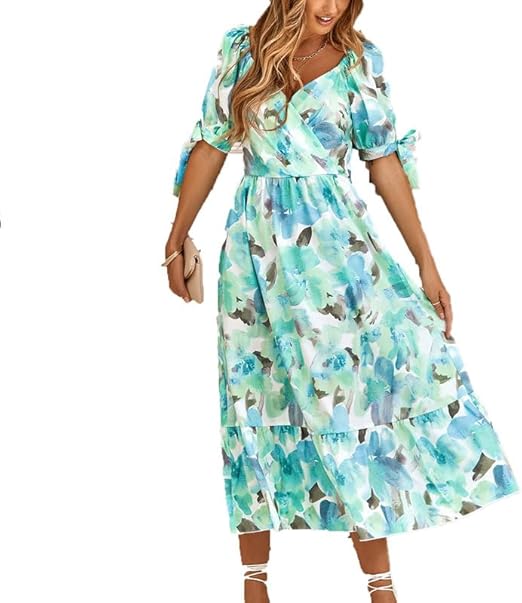 Summer Floral Short Sleeve Midi Dress Women's V Neck Boho Floral Flowy Smocked Dress Ladies Casual Boho Floral Maxi Dress