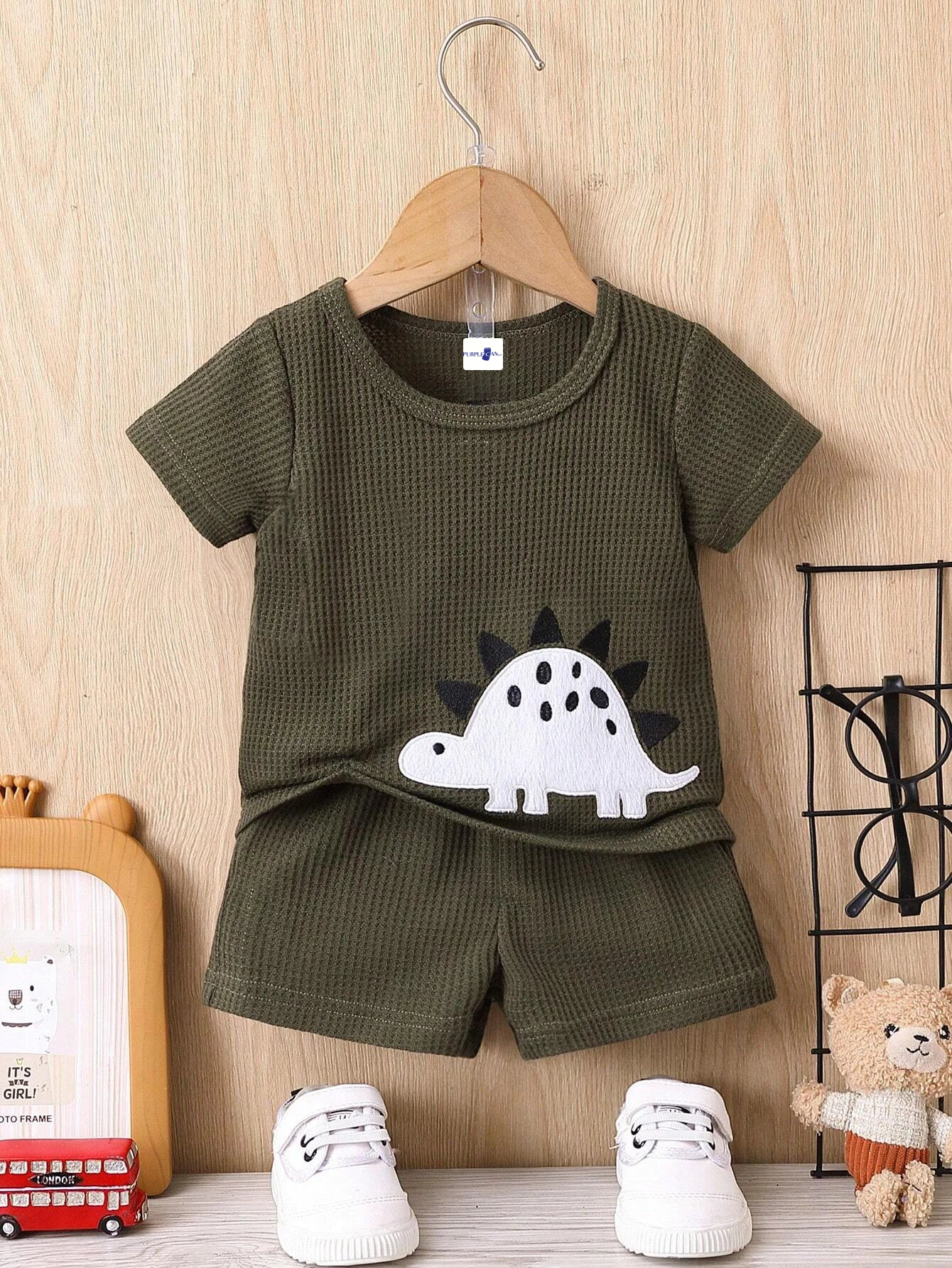 Baby Boy Dinosaur Embroidery Waffle Knit Tee & Shorts