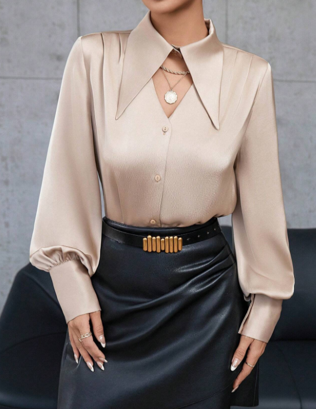 Casual Fashion Elegant Chic Shirts Women Turn Down Collar Long Sleeve Hollow Out Blouse