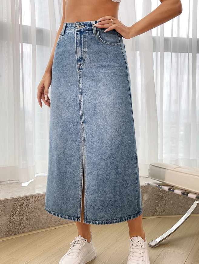 Essnce High Waist Split Thigh Denim Skirt