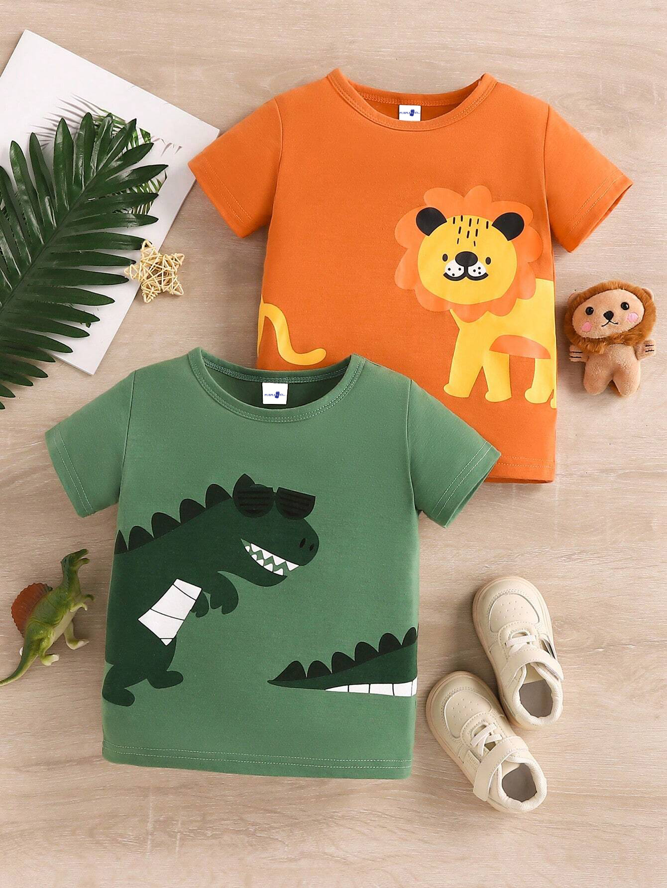 Baby Boy 2pcs-Set Cute Animal Dinosaur & Lion Pattern Print Short Sleeve T-Shirt For Spring And Summer