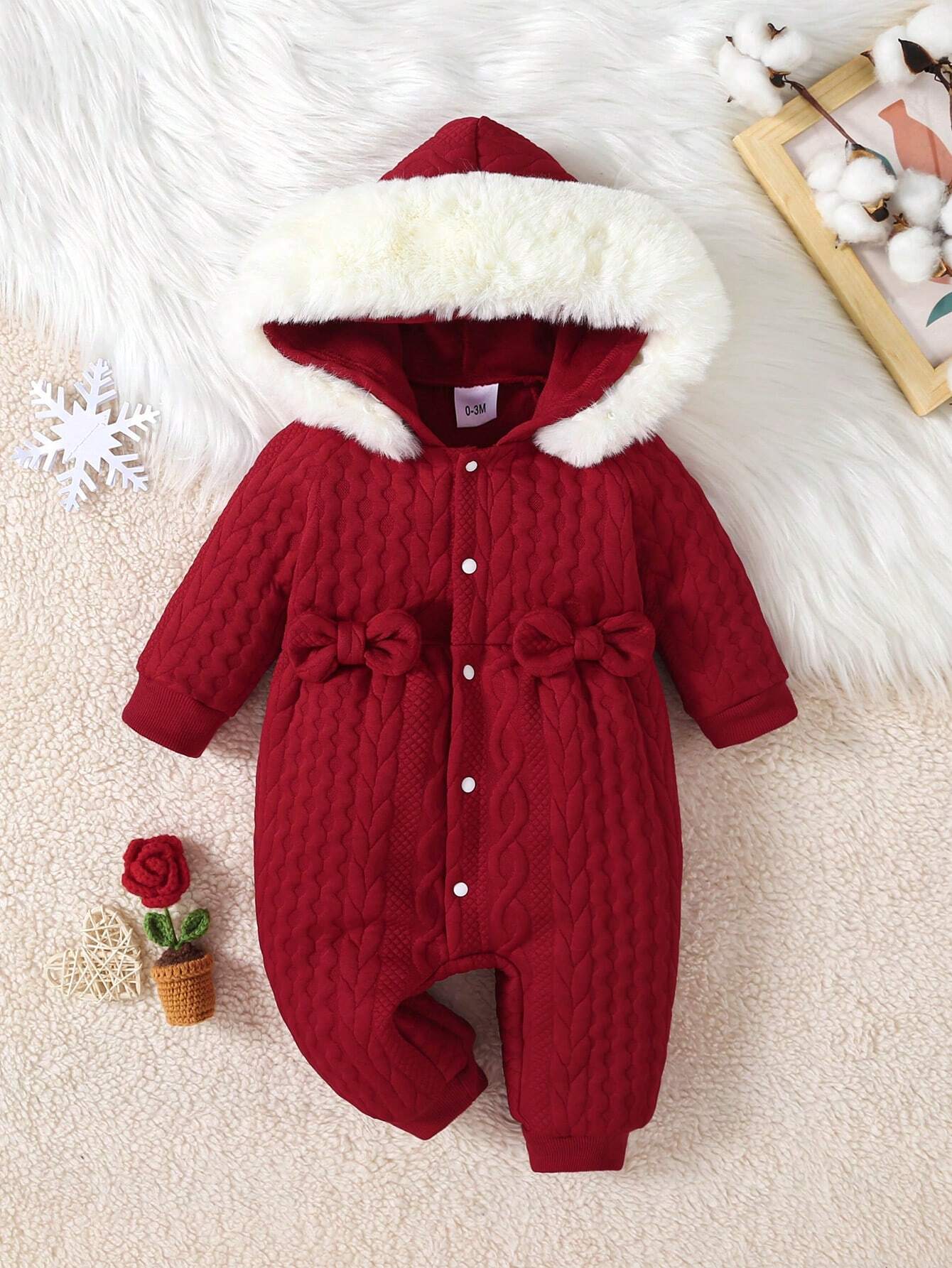 Baby Girls' Red Hooded Romper With Bowknot And Front, Winter