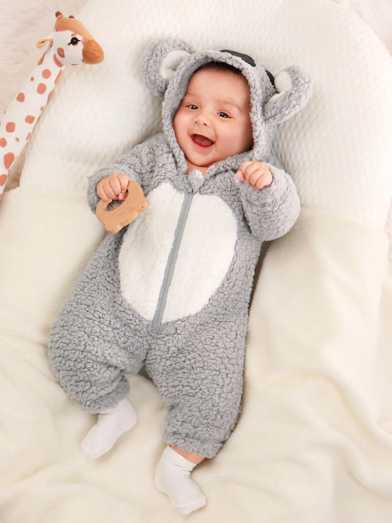 Baby Boy Color block 3D Ear Design Hooded Plush Sleep Jumpsuit