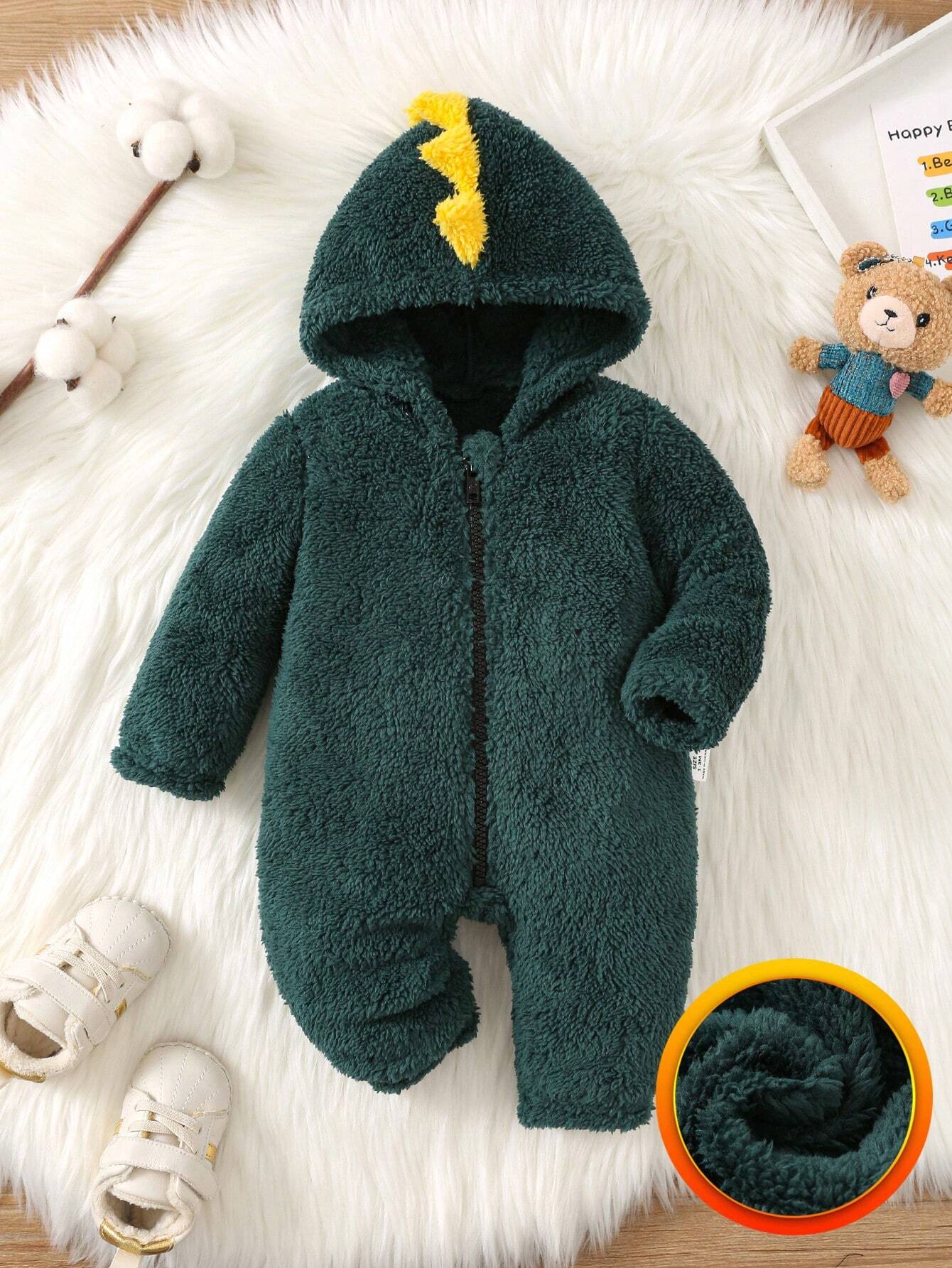 Newborn Baby Boys Autumn Winter Hooded Horn Shaped Zipper Front Long Sleeve Fleece Romper